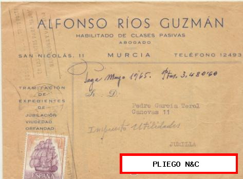 Carta con Membrete de Murcia a Jumilla. Franqueado y fechado en 1965