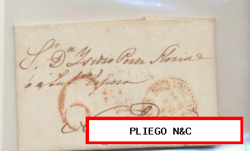 Carta de Alcira a Novelda. del 4 Mar. 1844. Con Baeza 4 R. porteo 6 R. y marca al dorso de Baeza