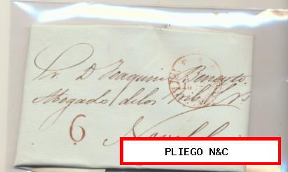 Carta de Alicante a Novelda del 9 abril 1843. Con marca 11 R. porteo 6 Rojo. (ladrillo)
