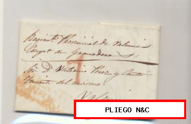 Carta de Novelda a Valencia del 15 Abril. 1843. Con marca de Monforte 2 R. y porteo 7 R. Baeza de Valencia al dorso