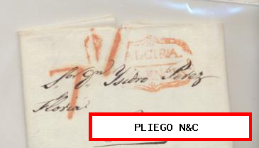 Carta de Alcira a Novelda del 26 Ener. 1836. con marca 3 R. y porteo 7 Rojo