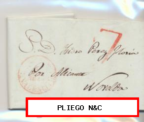 Carta de Valencia a Novelda del 2 Agosto 1842. Con Baeza 23-1-R. y porteo 7 R