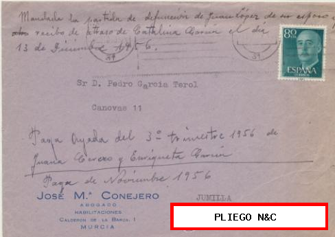 Carta con Membrete de Murcia a Jumilla del 31 Octu. 1856 con Edifil 1152