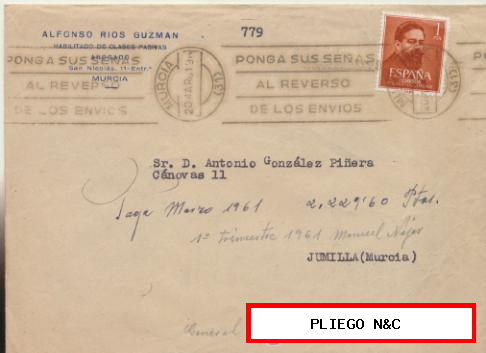 Carta con Membrete de Murcia a Jumilla del 20 de marzo de 1961 con Edifil 1321