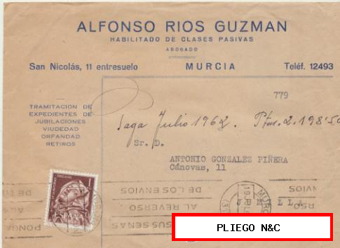 Carta con Membrete de Murcia a Jumilla del 19 Julio 1962 con Edifil 1429