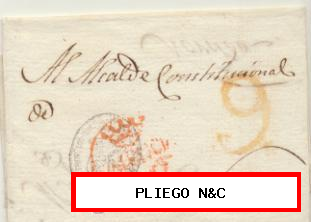 Envoltura de Valencia a Novelda del 2 Sept. 1821. Con marca 17 R. porteo 9 R. mata-sellos en negro del Gobierno de Valencia