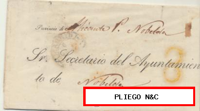 Carta de Madrid a Novelda del 6 Dic. 1852. Con Baeza de Madrid 15 Azul. porteo 8 R y Baeza de llegada a Ciezar 2 R