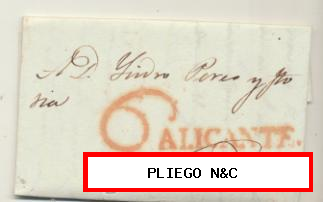 Carta de Alicante a Novelda del 8 Sep. 1824-42. Con marca 10 R. y porteo 6 Rojo. BONITA CARTA