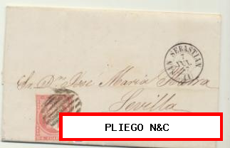 Carta de San Sebastián a Sevilla del 7 Julio de 1857. Franqueado con Edifil 48 y matasello Parrilla-Negro. BONITA CARTA