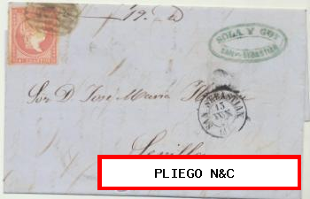 Carta de San Sebastián a Sevilla del 15 Jun. 1857 Franqueado con Edifil 48 y matasello Parrilla Negro