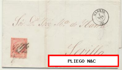 Carta de Madrid a Sevilla del 2 Nov. 1857. Franqueada con Edifil 48, matasellado con rejilla en negra
