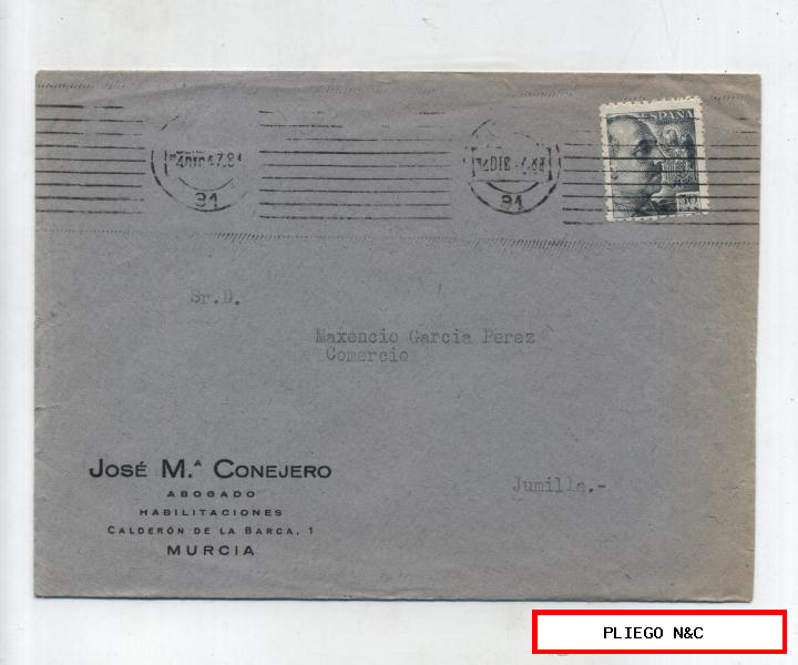 Carta con Membrete de Murcia a Jumilla del 4 Diciem. 1947. con Edifil 927