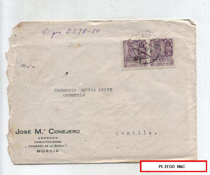 Carta con Membrete de Murcia a Jumilla del 2 Julio. 1944. Con doble Edifil 974 y fechador de llegada al dorso