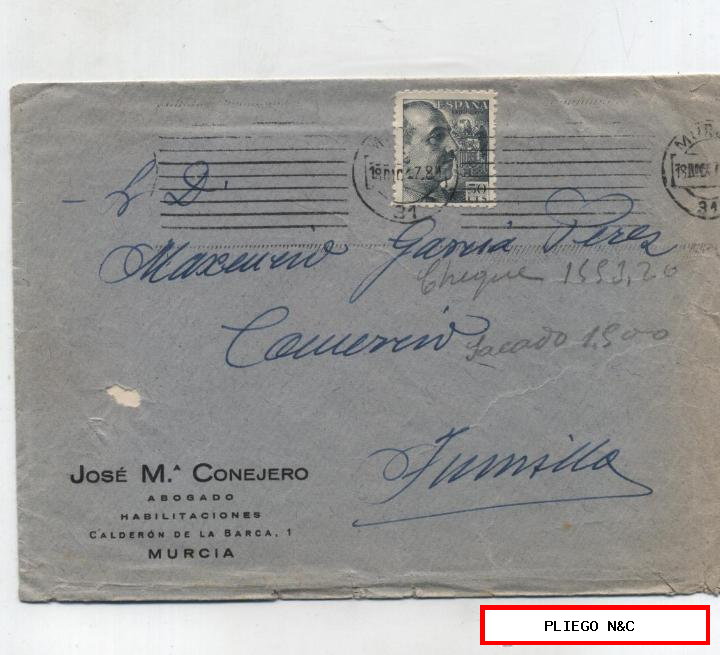 Carta con Membrete de Murcia a Jumilla del 18 Dic. de 1947. con Edifil 927. Al dorso fechador de llegada