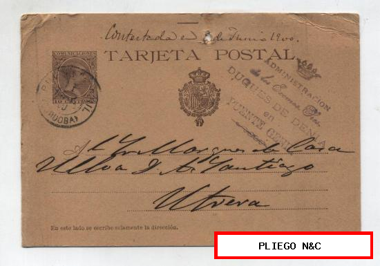 Tarjeta Entero Postal nº 36. 10 cts. castaño. Matasellado en puente Genil Junio 1900 Con sello de tampón