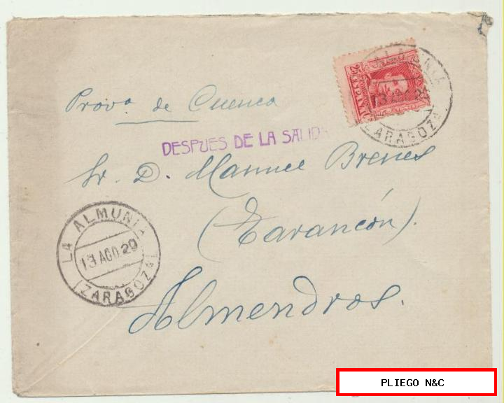 Carta de La Almunia a Almendros del 13 Agos. 1929. Franqueado con Edifil 317. Al dorso fechador de Tarancó