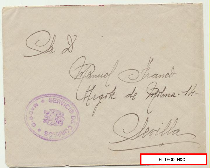Carta de Madrid a Sevilla con sello del Servicio de Correos-Madrid en anverso y dorso, más 10 cts. Mutualidad de Correos