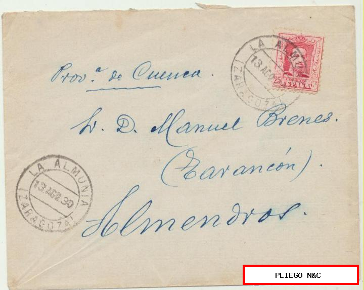 Carta de La Almunia a Almendros del 13 Agos. 1930. Franqueado con Edifil 317. Al dorso fechador de Tarancó