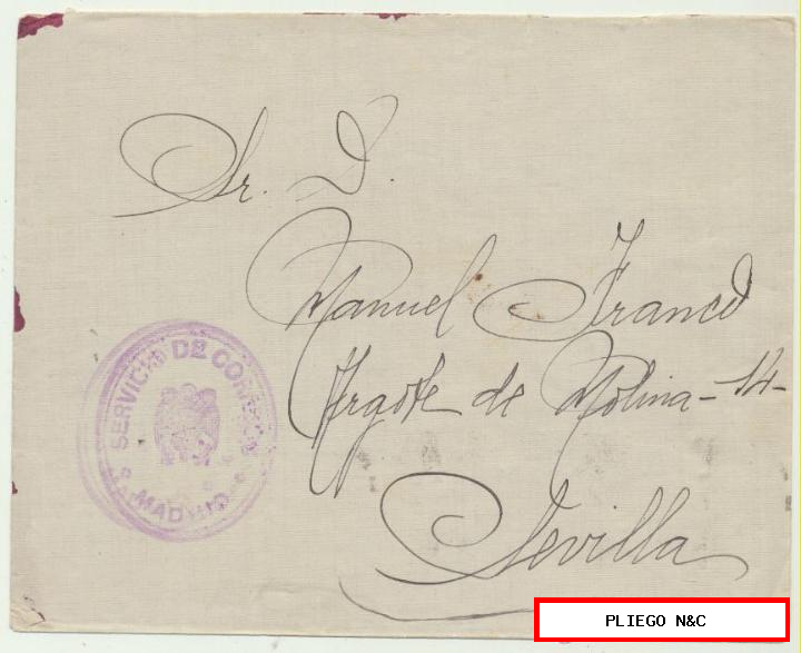 Carta de Madrid a Sevilla. Con Sello del Servicio de Correos de Madrid en Anverso y dorso más 10 cts. Mutualidad de Correos