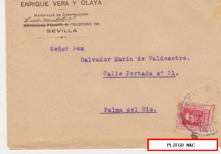 carta con membrete de Sevilla a palma del río de 1923. Franqueado con Edifil 317