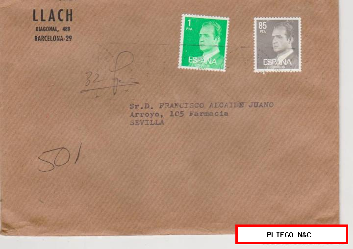 carta con membrete de Barcelona a Sevilla franqueado con Edifil 2390 y 2604