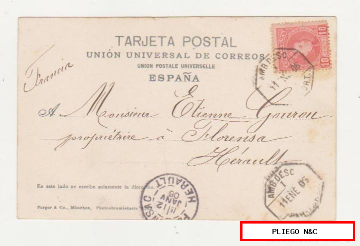 tarjeta postal a Hérault (Francia) del 11 ene. 1906. Franqueado con Edifil 243. Matasellado con ambulante