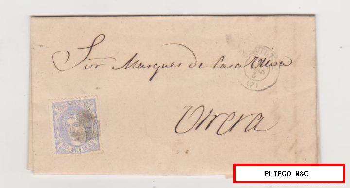 carta de Sevilla a utrera del 2 marzo 1872. Franqueado con Edifil 107