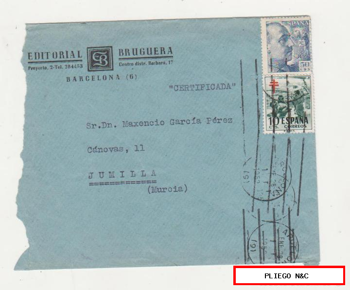 carta con membrete de editorial bruguera (Barcelona) a jumilla. Del 28 enero 1952