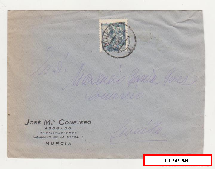 carta con membrete de Murcia a jumilla del 7 febre. 1950. Franqueado con Edifil 1053 b