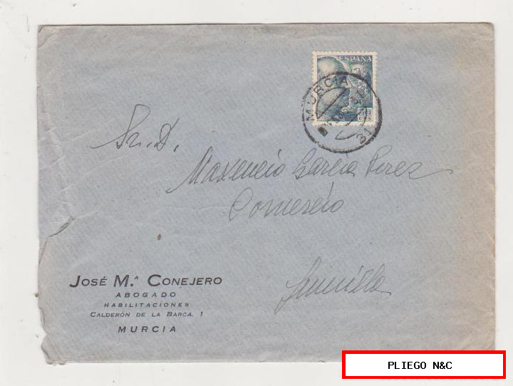 carta con membrete de Murcia a jumilla del 3 feb. 1950. Franqueado con Edifil 1053 b