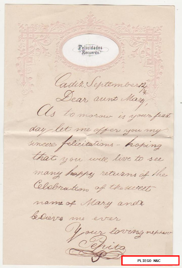 carta de felicitación. Fechada en Cádiz el 12 de septiembre de 1874. Sin franqueo