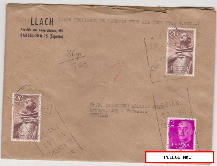 carta con membrete de Barcelona a Sevilla del 27 enero 1967. Valores declarados