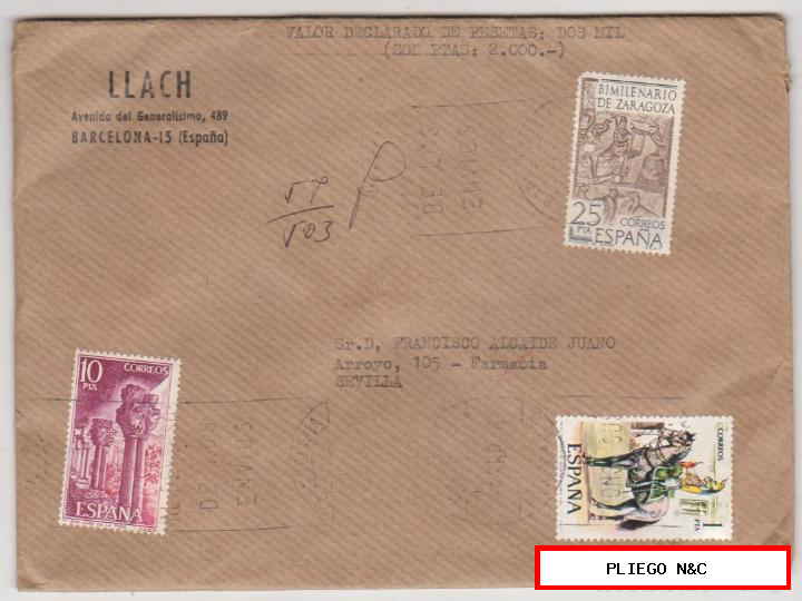 carta con membrete de Barcelona a Sevilla del 9 sept. 1978. Valores declarados