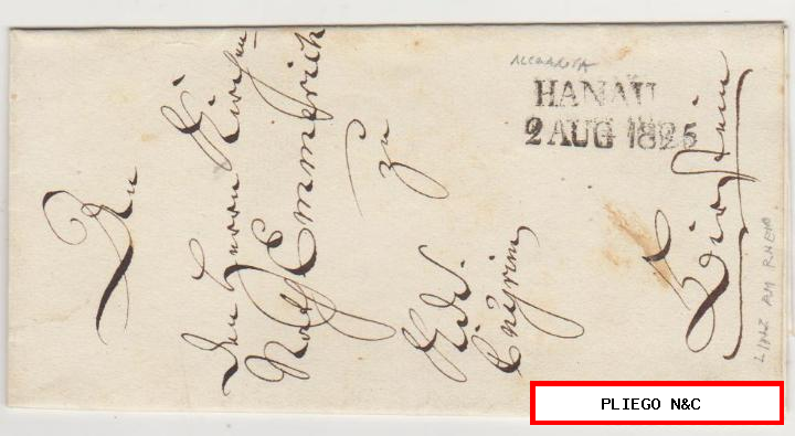 carta de Hanau a Linz am Rhein del 2 aug. 1825. (Alemania) sello en seco al dorso