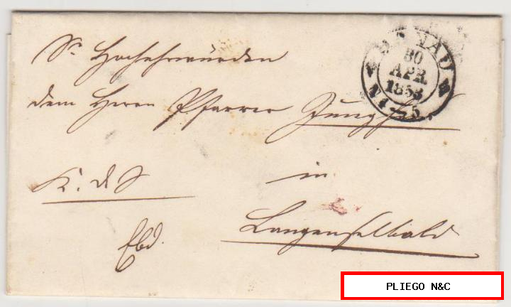 carta de danau a langenselbold (Alemania) del 30-apr-1853. Al dorso fechador de llegada en verde
