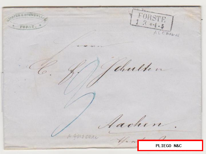 carta de forste a aachen (Aquisgrán) del 1 mar. 1854. Fechador de llegada al dorso