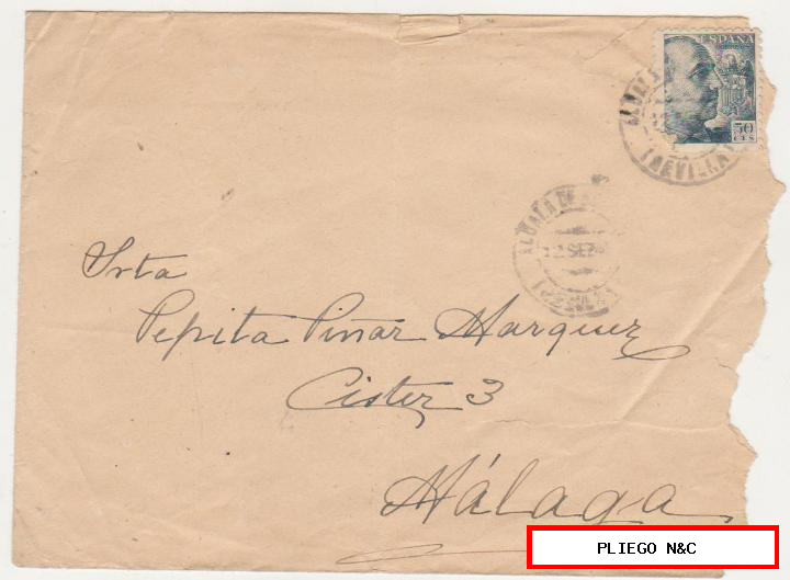 carta con membrete de Sevilla a málaga del 22 sep. 1947. Franqueado con Edifil 872