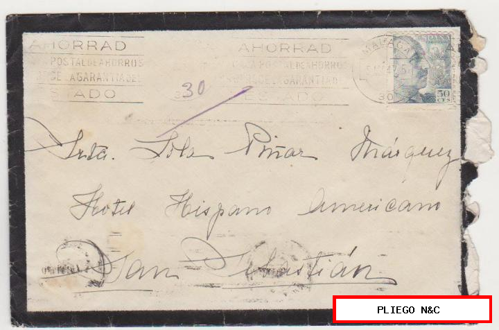 carta de málaga a San Sebastián (hotel hispano americano) del 5 ag. 1947. Con Edifil 872