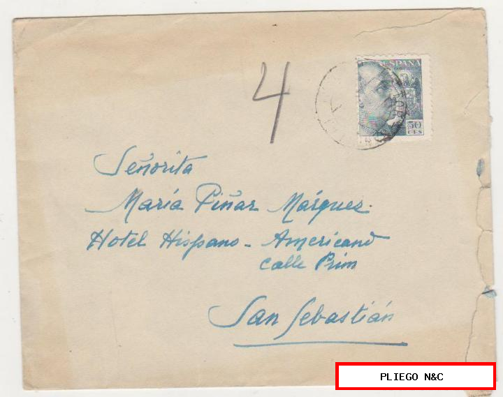 carta de Huétor Santillán a San Sebastián. (hotel hispano americano) del 8 agos. 1948. Con Edifil 872