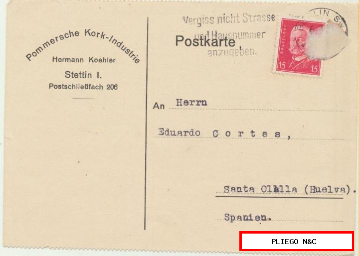tarjeta postal con membrete. De Berlín a santa Olalla del 6 marzo 1929