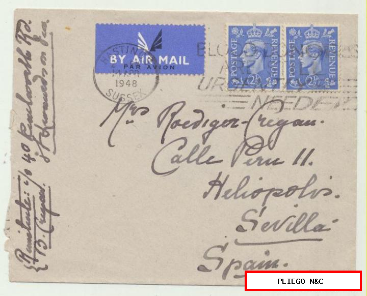 carta por correo aéreo de susex a Sevilla del 14 abril 1948
