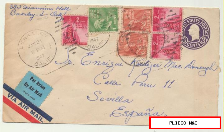 carta entero postal vía air mail. De Berkeley a Sevilla del 12 enero 1947. Con franqueo añadido. Bonita carta