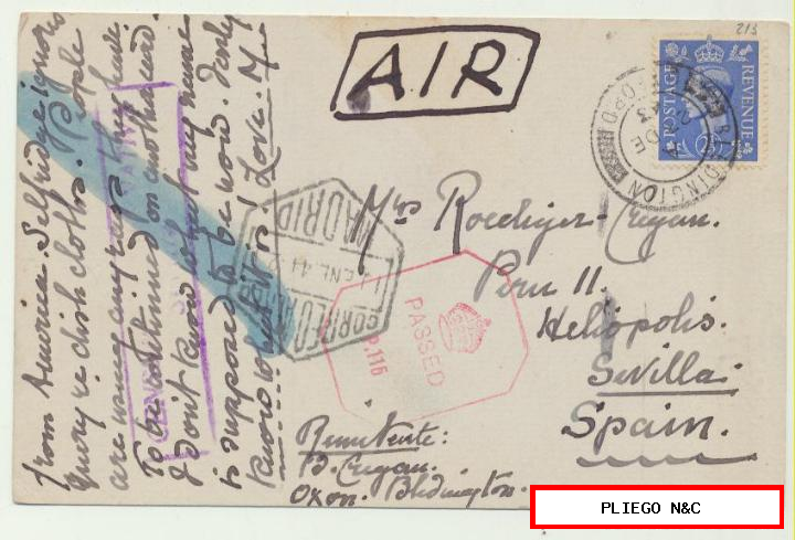 tarjeta postal de Oxford a Sevilla del 27 dici. 1943