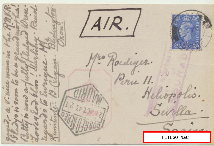 tarjeta postal de bledington a Sevilla del 3 oct. 1943
