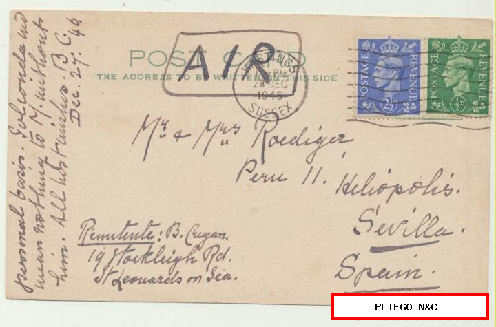 post card de sussex a Sevilla. Del 28 dici. 1946