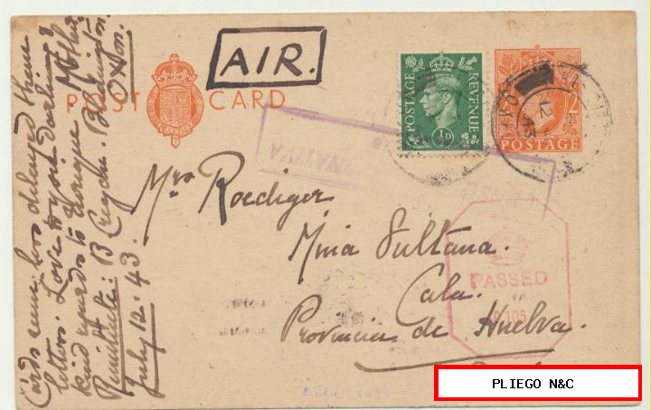 post card de bledington a mina sultana-cala. Del 12 julio 1943. Con censura inglesa y censura gubernativa de Sevilla