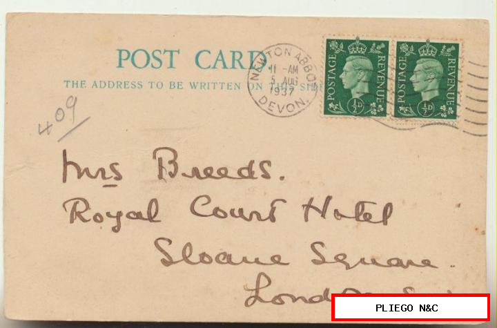 post card con membrete. De devon a royal court hotel-London. Del 5 agos. 1937