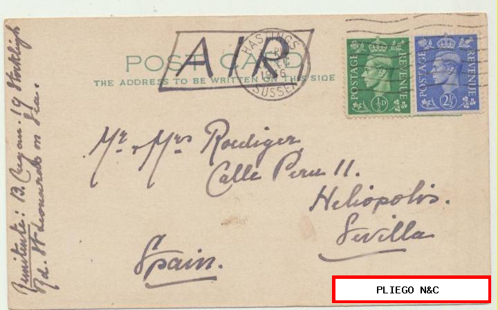post card de Hastings a Sevilla. Del 27 dic. 1946. Correo aéreo