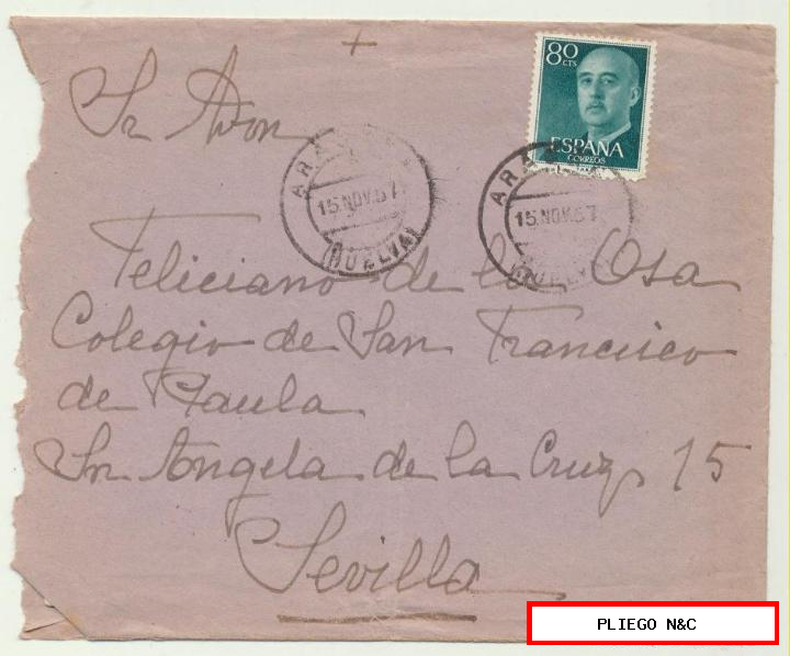 carta de Aracena a Sevilla (colegio san francisco de paula) del 15 nov. 1957. Con Edifil 1152