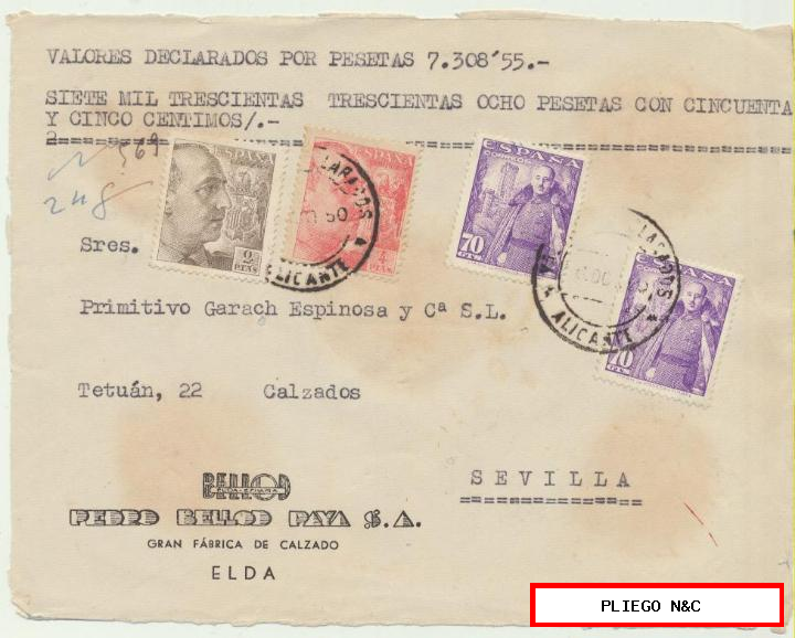 carta de valores declarados de Elda a Sevilla. Del 6 oct. 1950. Con 2 Edifil 1030 más! 057 y 1058. Frontal de carta